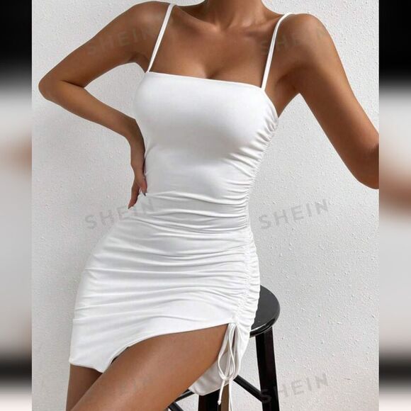 SHEIN EZwear ruched drawstring side tie camisole dress, ivory off white L - Picture 8 of 12